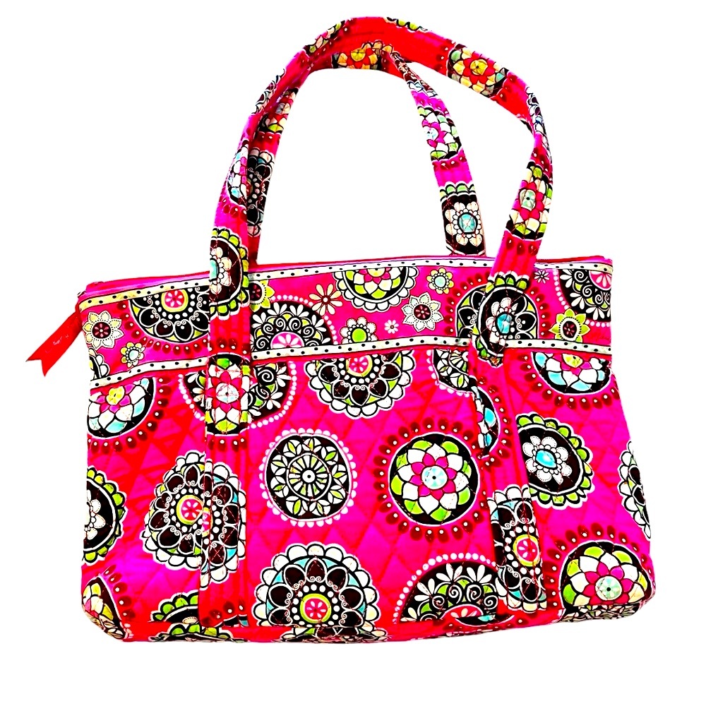 Vera Bradley Shoulder Bag Purse Tote Pink Paisley Floral Long Handles EUC